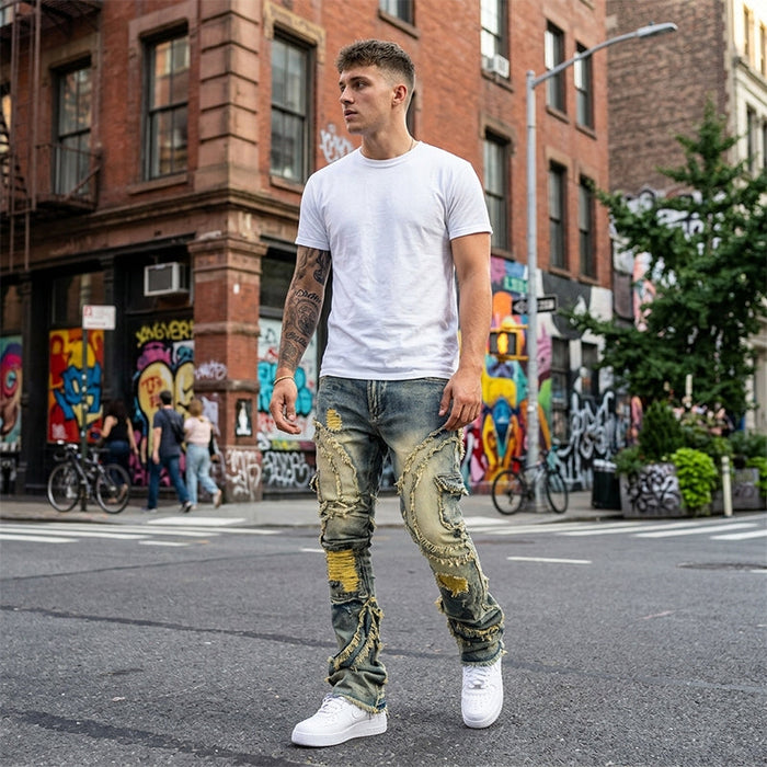Men's Deconstructed Frayed Flare Jeans - Blue-Yellow | Everyday Denim | SAVINTARI