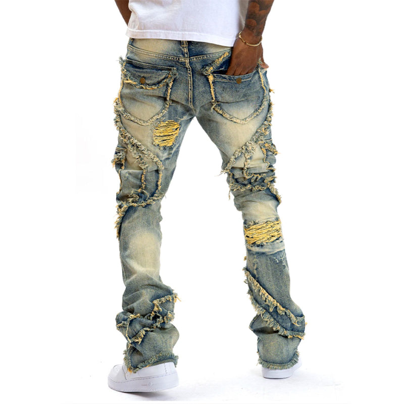 Men's Deconstructed Frayed Flare Jeans - Blue-Yellow | SAVINTARI