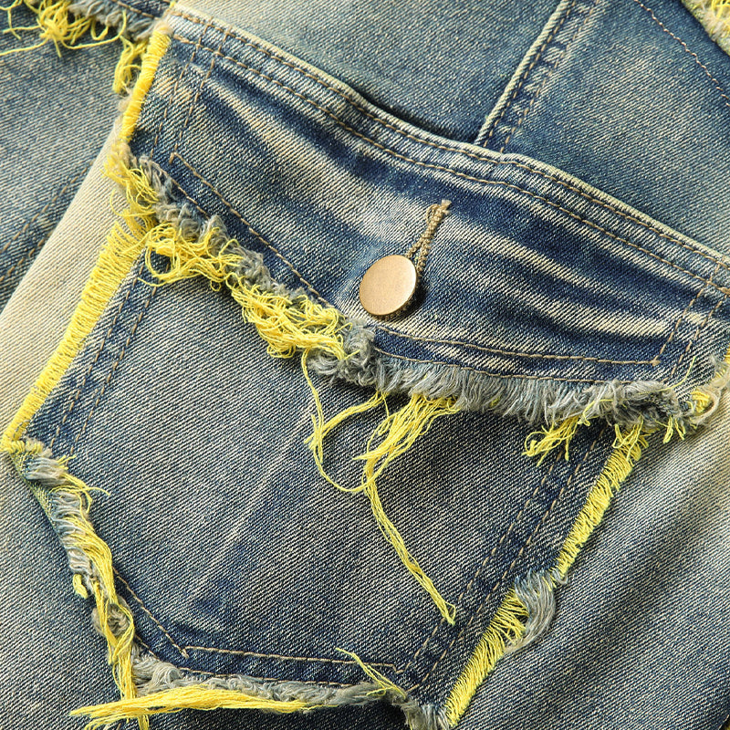 Men's Deconstructed Frayed Flare Jeans - Blue-Yellow | SAVINTARI