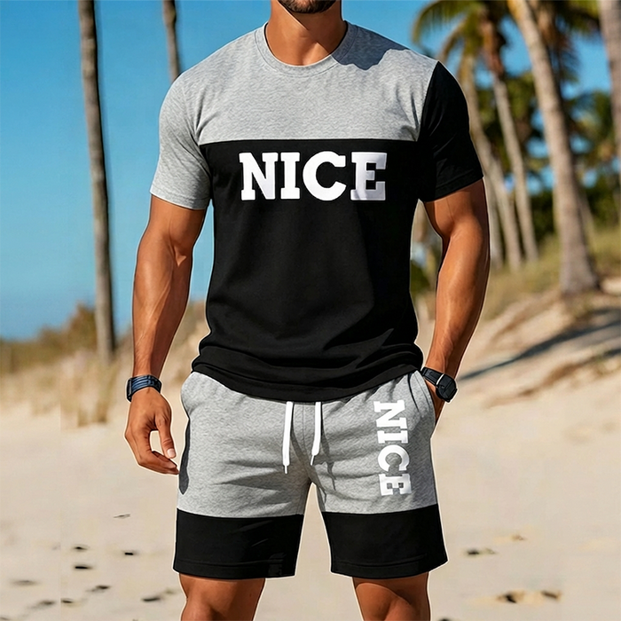 Men's Color-Block Tee and Shorts Set - Black-White | Casual Two-Piece Set | SAVINTARI