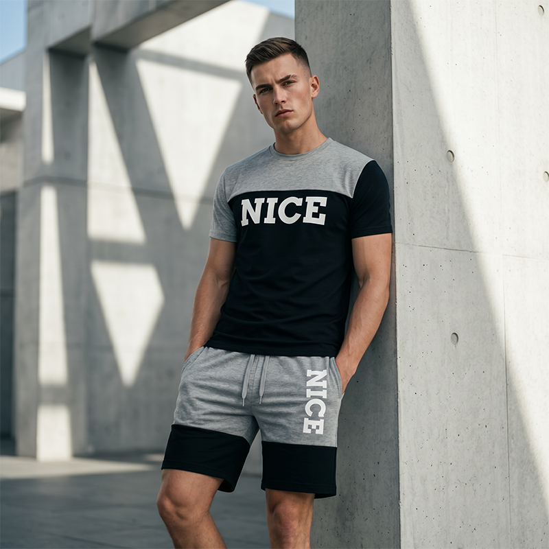Men's Color-Block Tee and Shorts Set - Black-White | SAVINTARI