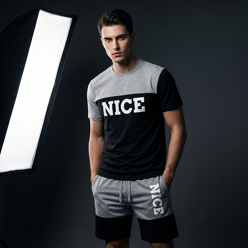 Men's Color-Block Tee and Shorts Set - Black-White | SAVINTARI
