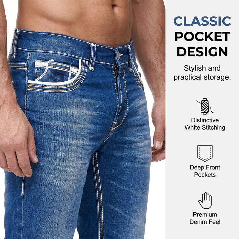 Men's High-Stretch Double-Stitched Jeans - Dark blue | SAVINTARI