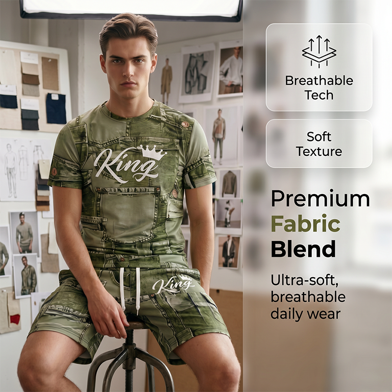 Men's Casual Faux Denim Print T Shirt Shorts Set - Blue | SAVINTARI