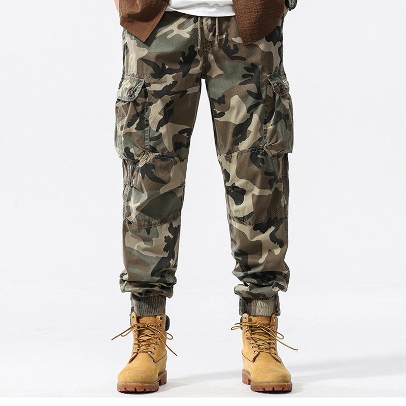 Men's Camouflage Cuffed Casual Cargo Pants - Army Green | SAVINTARI