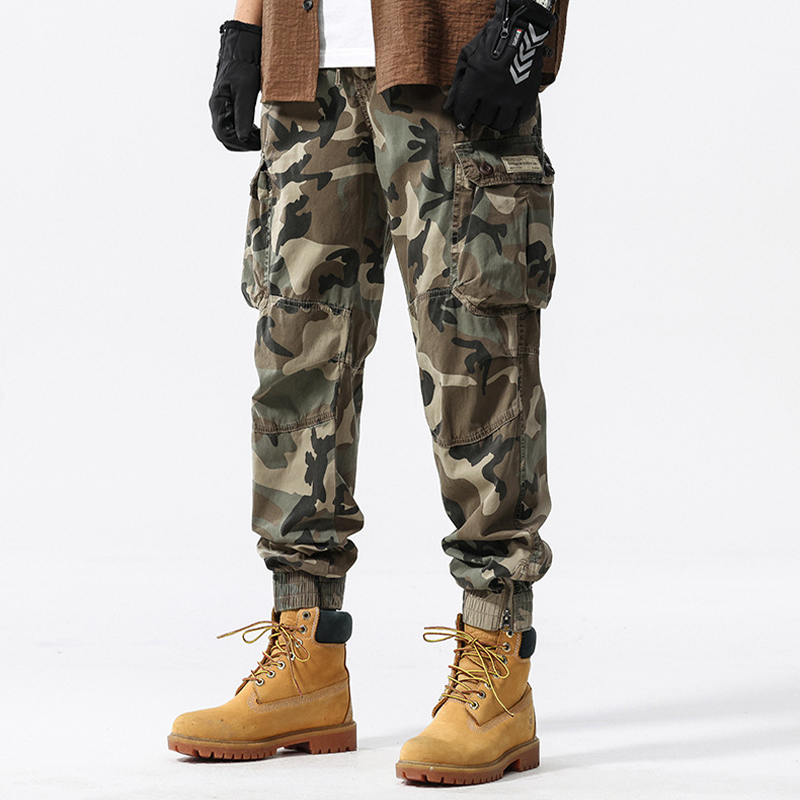 Men's Camouflage Cuffed Casual Cargo Pants - Army Green | SAVINTARI