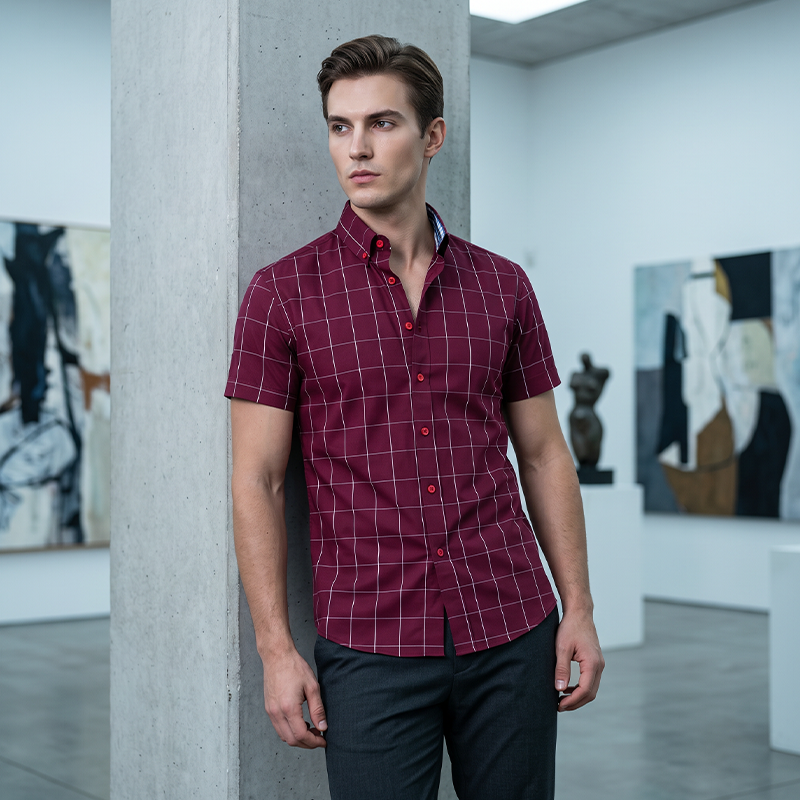 Men's Pro-Favorite Casual Short Sleeve Plaid Shirt Cotton-Polyester Blend - Grey | SAVINTARI