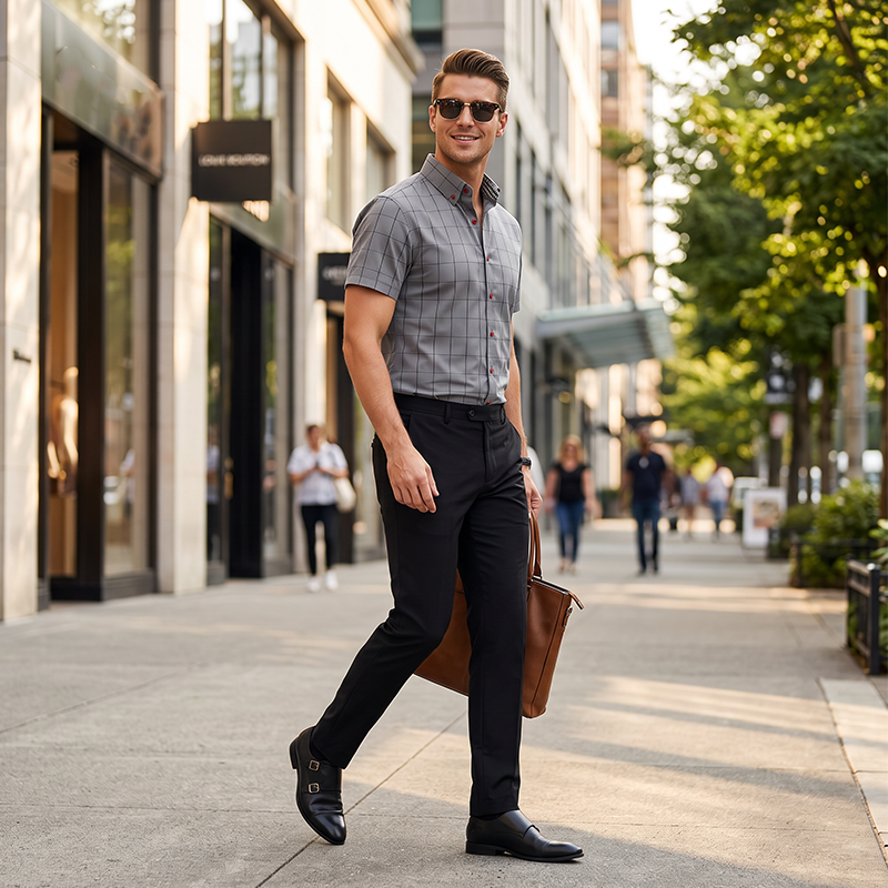 Men's Pro-Favorite Casual Short Sleeve Plaid Shirt Cotton-Polyester Blend - Grey | SAVINTARI